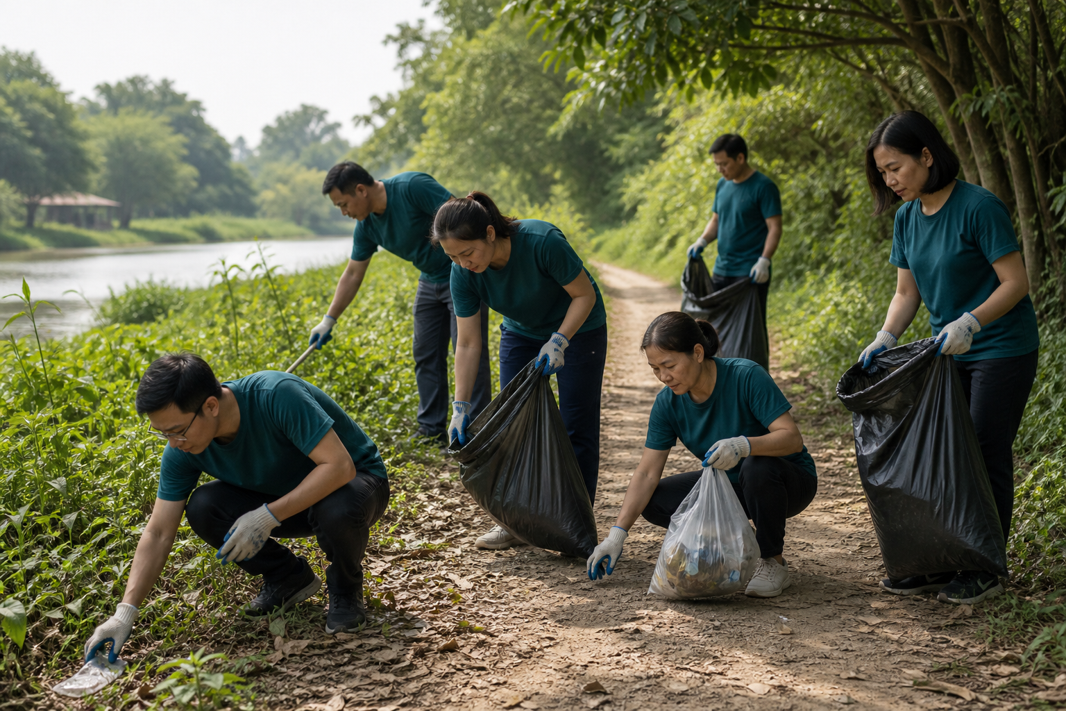 Nhóm tình nguyện viên cùng thực hiện hoạt động bảo vệ môi trường.